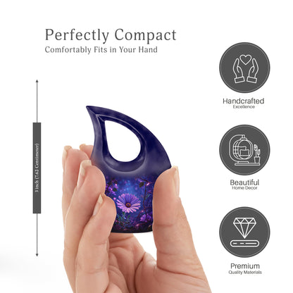 Azure Daisy Cremation Urn back view with polished surface - cross and daisy combined in spiritual memorial design - mini keepsake memorial for portion of cremation ashes