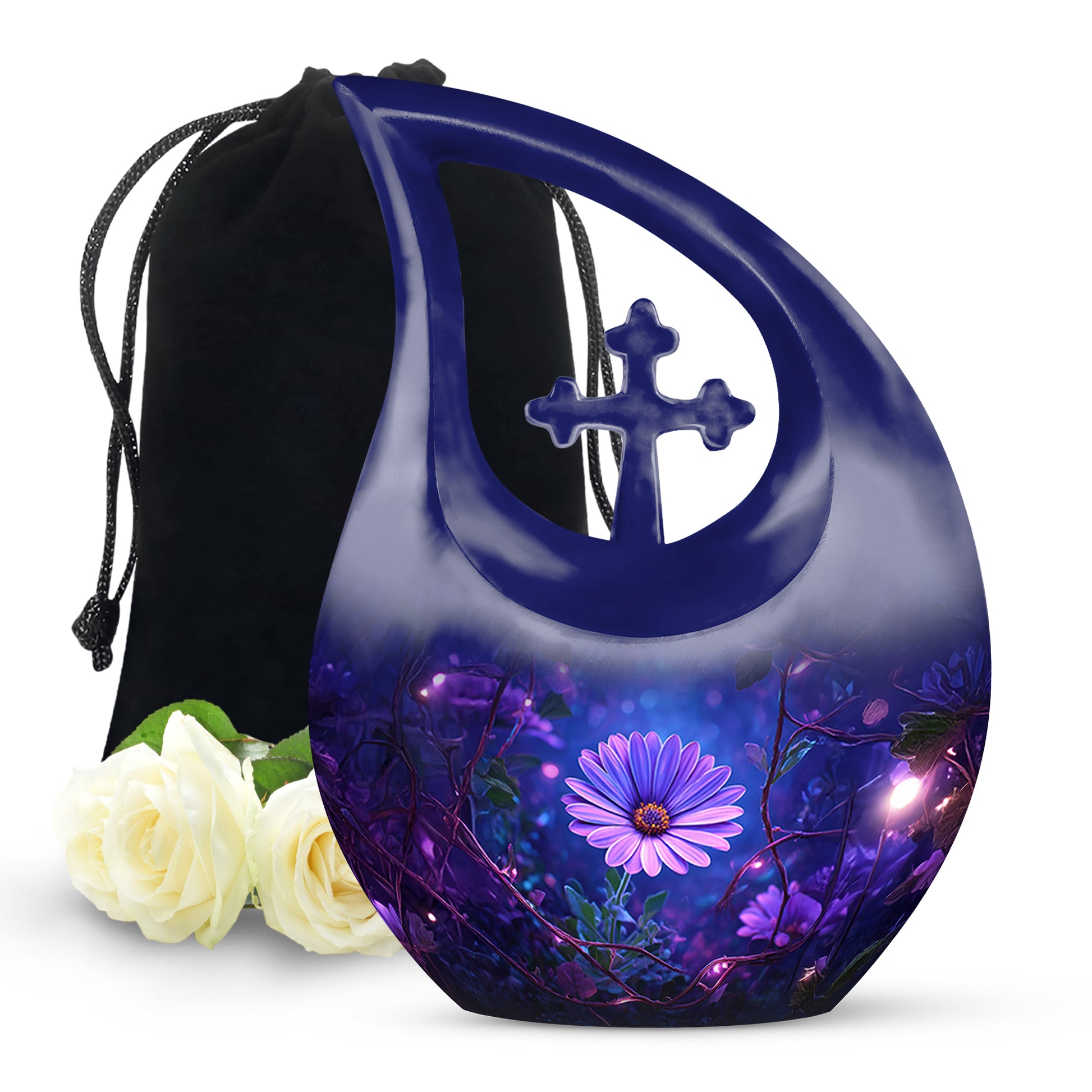 Navy Blue Daisy Cremation Urn top-down view of secure threaded lid - sacred cross merged with daisy motif on metal - full-size 10 inch 200 cubic inch adult cremation urn