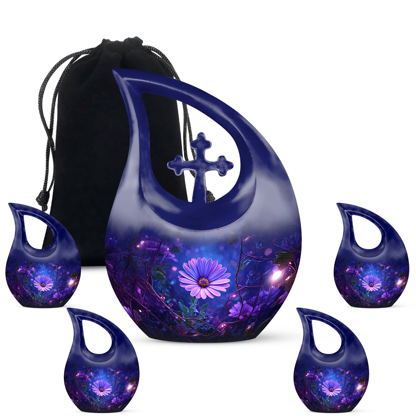Calming Blue Daisy Cremation Urn urn with complimentary velvet bag - faith-inspired cross-drop urn with daisy pattern - memorial set with one large and four small urns