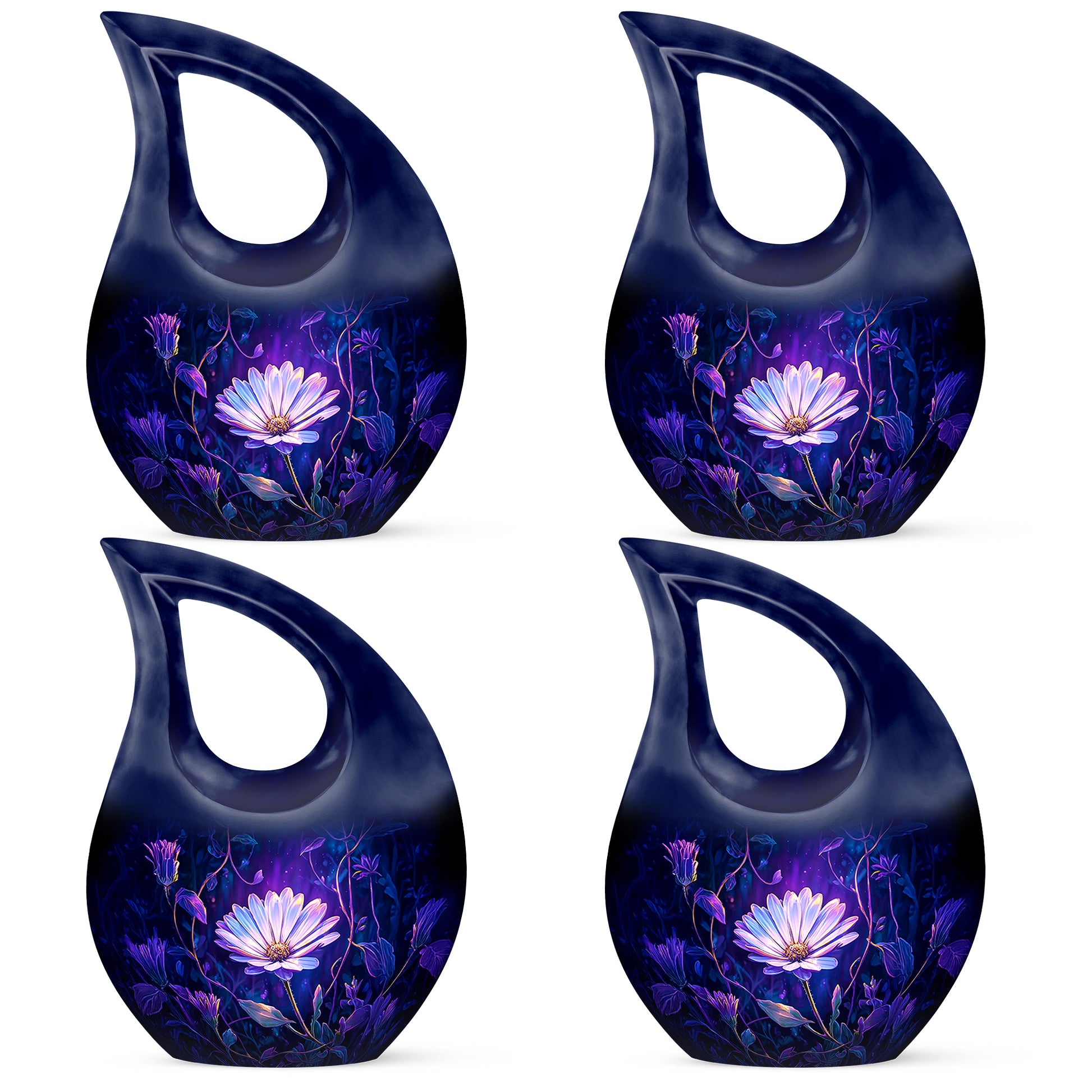 Celestial Blue Daisy Cremation Urn lifestyle display on memorial shelf - cross and daisy combined in spiritual memorial design - 10 inch aluminum urn for cremated remains