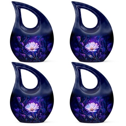 Celestial Blue Daisy Cremation Urn lifestyle display on memorial shelf - cross and daisy combined in spiritual memorial design - 10 inch aluminum urn for cremated remains