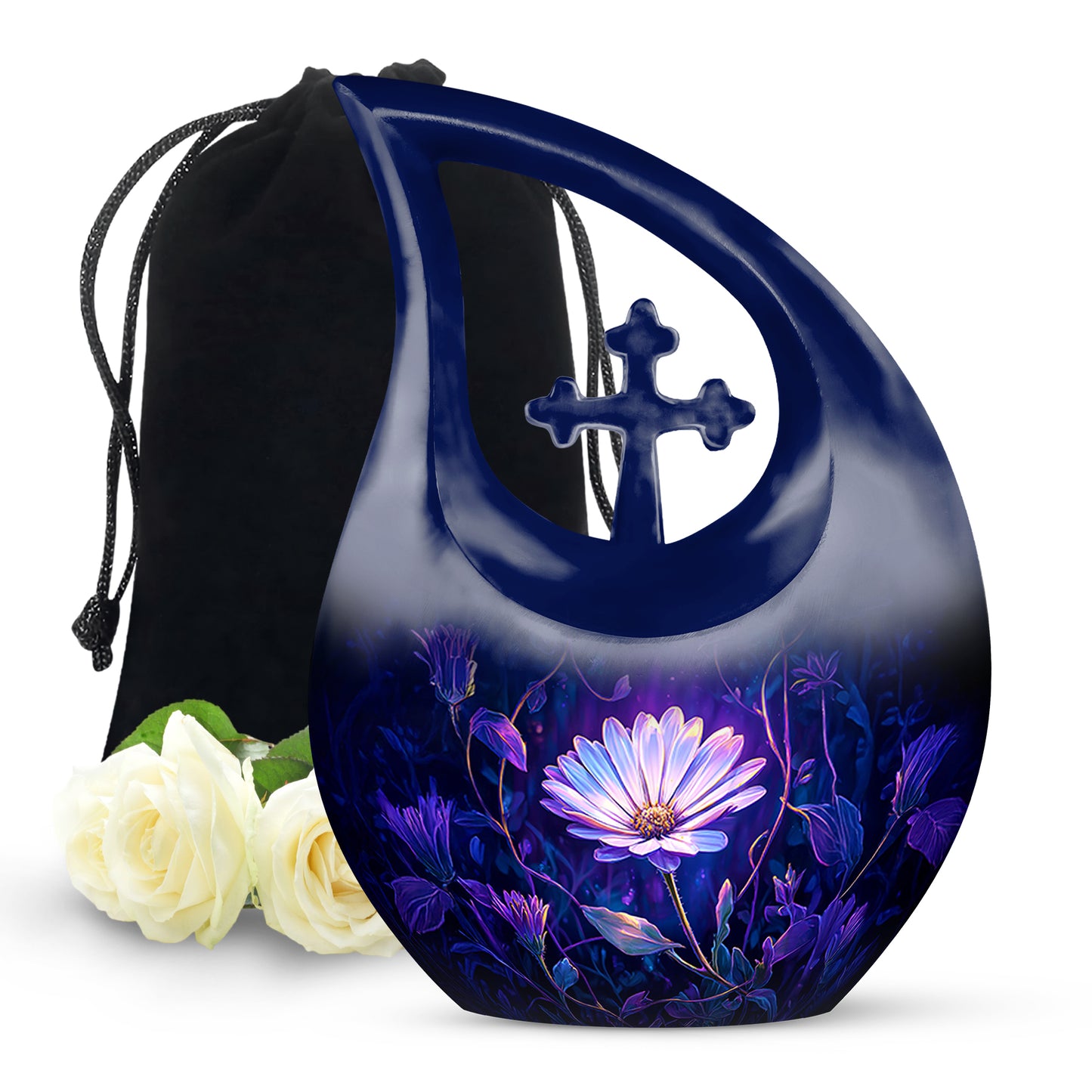Cobalt Blue Daisy Cremation Urn top-down view of secure threaded lid - faith-inspired cross-drop urn with daisy pattern - full-size 10 inch 200 cubic inch adult cremation urn