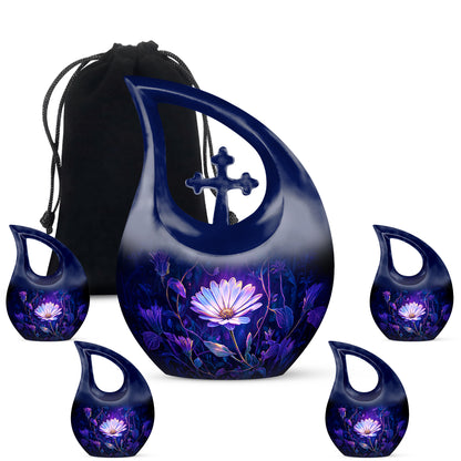Misty Blue Daisy Cremation Urn urn with complimentary velvet bag - cross and daisy combined in spiritual memorial design - memorial set with one large and four small urns