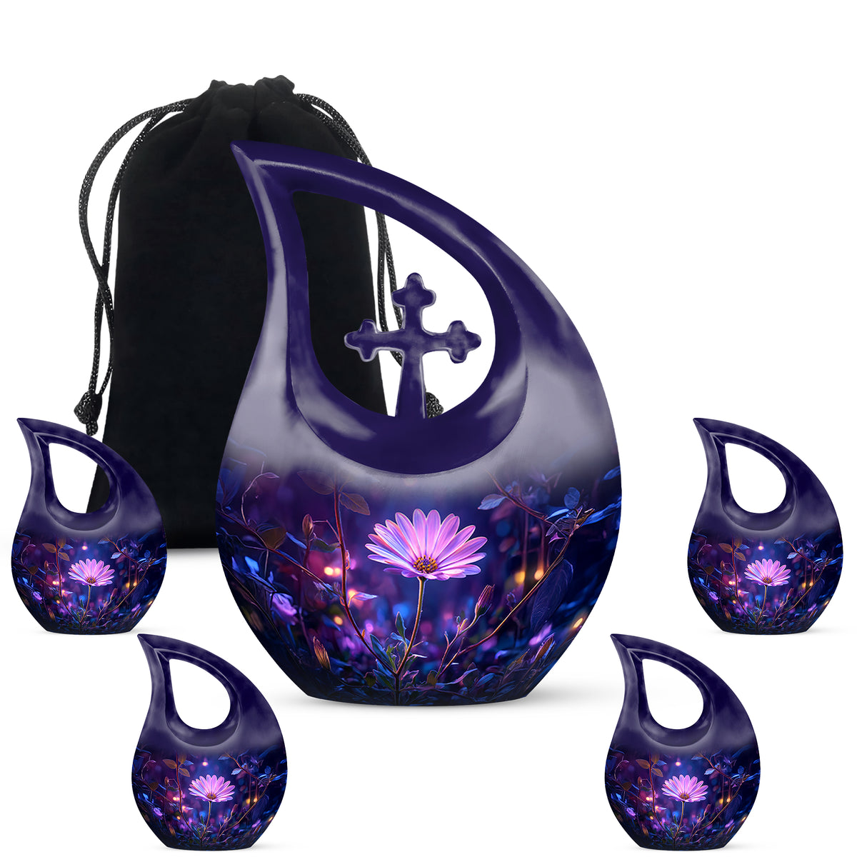 Twilight Blue Daisy Cremation Urn urn with complimentary velvet bag - devotional cross-drop daisy engraving - memorial set with one large and four small urns