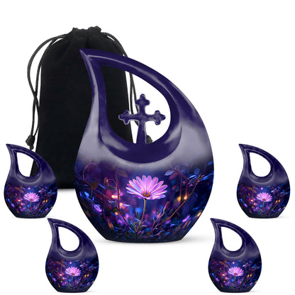 Twilight Blue Daisy Cremation Urn urn with complimentary velvet bag - devotional cross-drop daisy engraving - memorial set with one large and four small urns