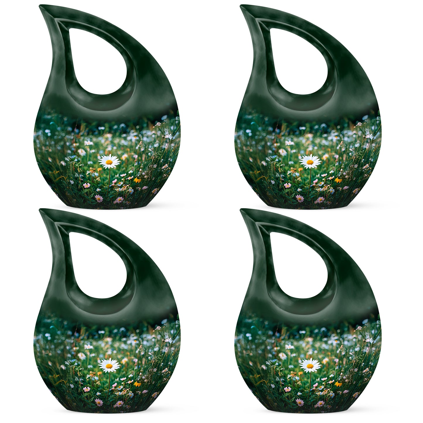 Verdant Green Daisy Cremation Urn lifestyle display on memorial shelf - cross and daisy combined in spiritual memorial design - 10 inch aluminum urn for cremated remains