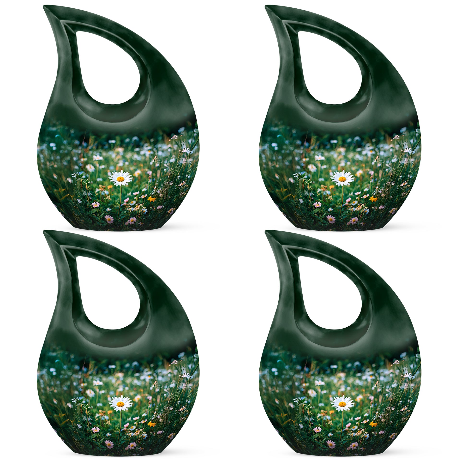 Verdant Green Daisy Cremation Urn lifestyle display on memorial shelf - cross and daisy combined in spiritual memorial design - 10 inch aluminum urn for cremated remains