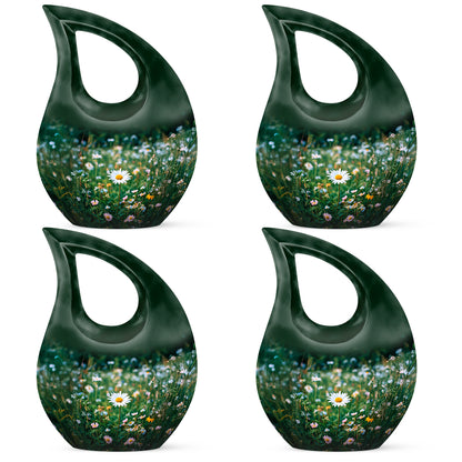 Verdant Green Daisy Cremation Urn lifestyle display on memorial shelf - cross and daisy combined in spiritual memorial design - 10 inch aluminum urn for cremated remains