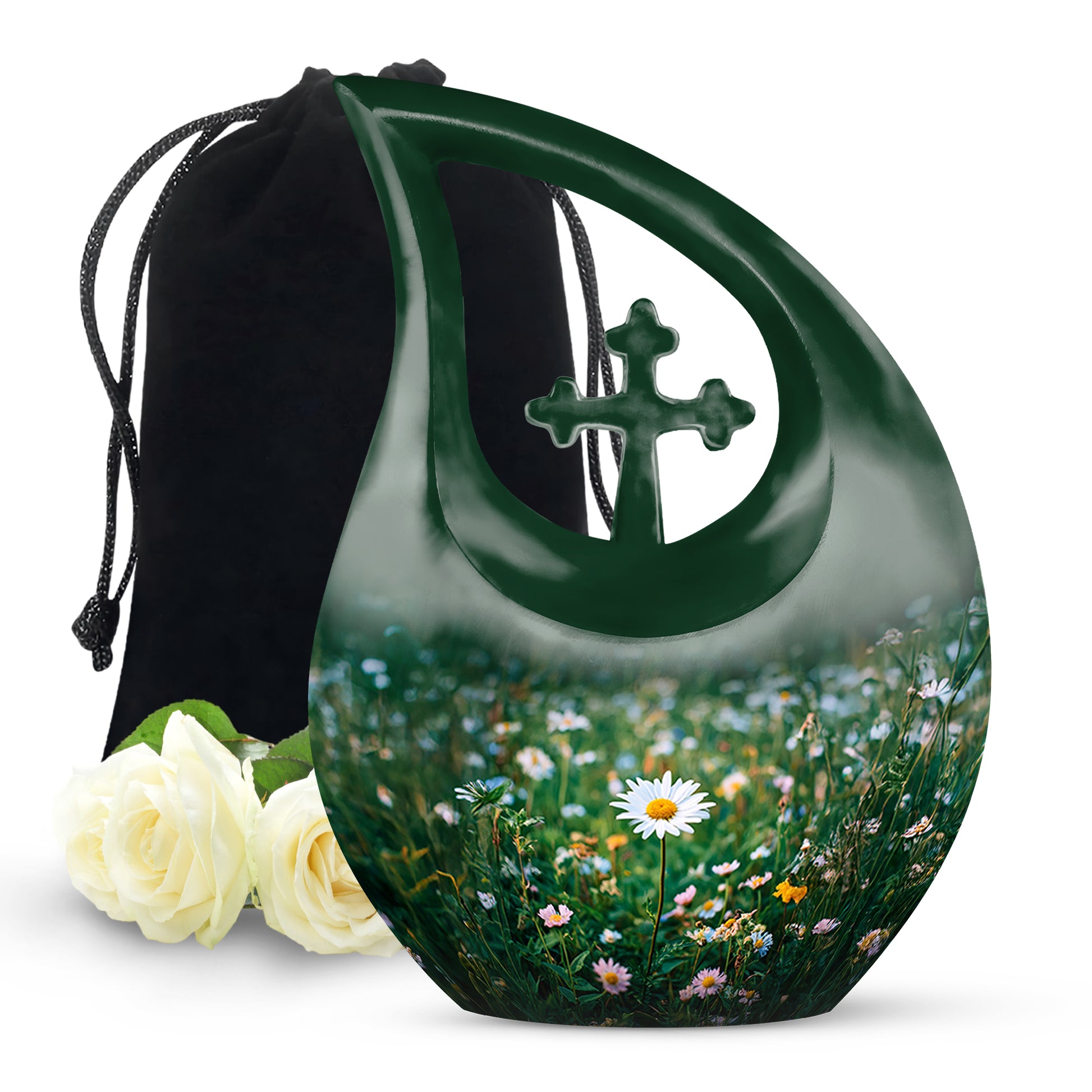 Olive Green Daisy Cremation Urn top-down view of secure threaded lid - faith-inspired cross-drop urn with daisy pattern - full-size 10 inch 200 cubic inch adult cremation urn