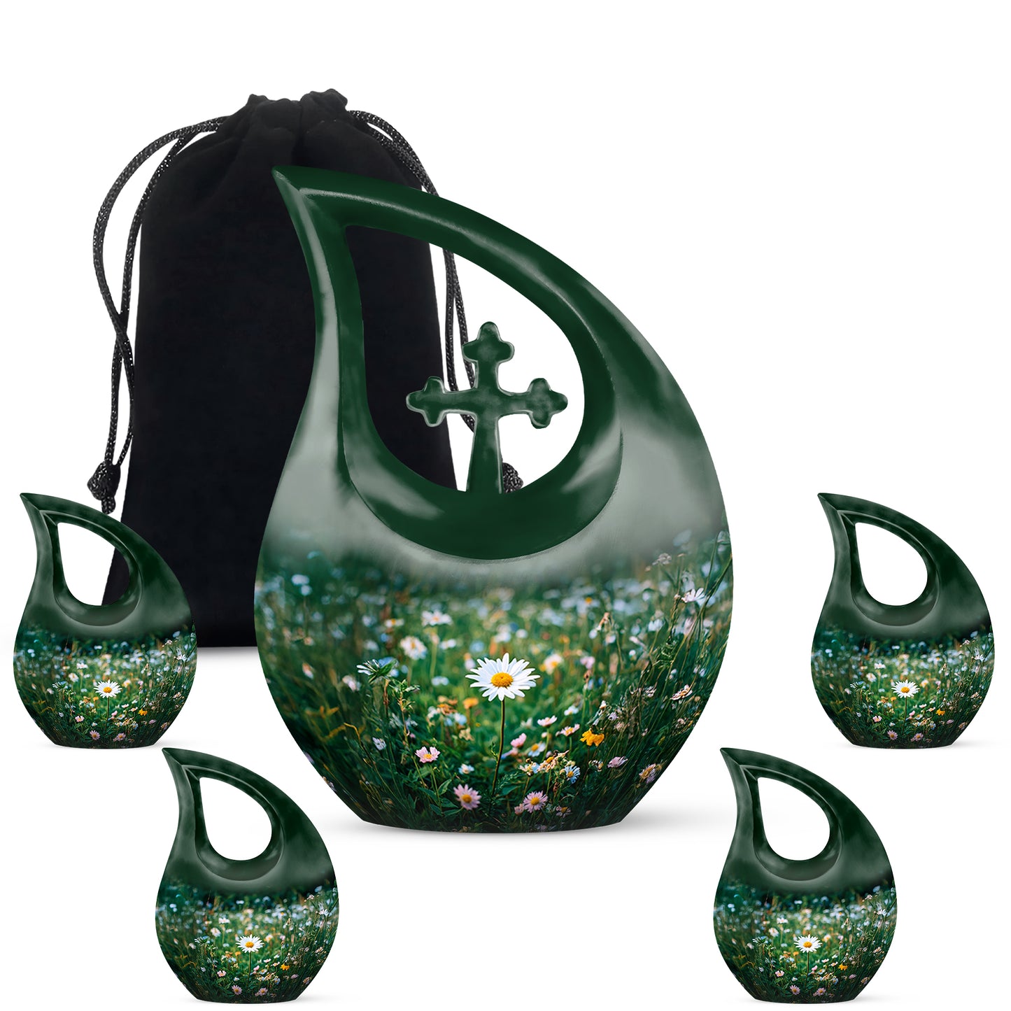 Forest Green Daisy Cremation Urn urn with complimentary velvet bag - devotional cross-drop daisy engraving - memorial set with one large and four small urns