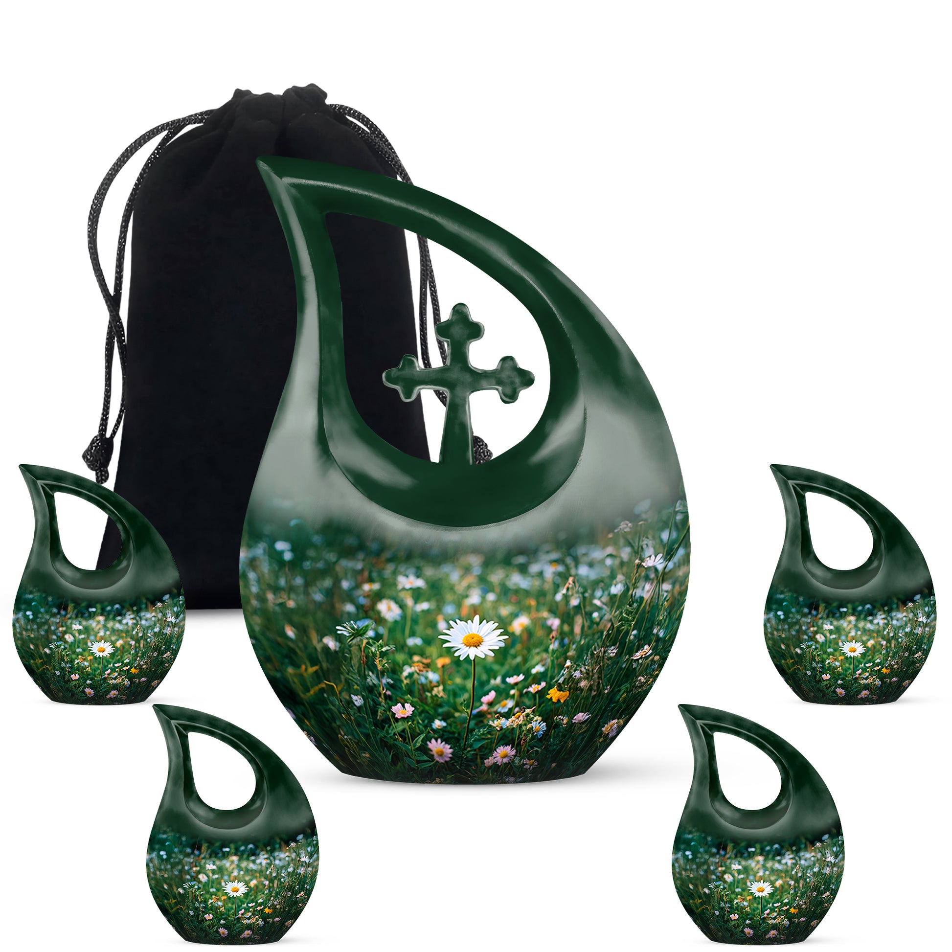 Forest Green Daisy Cremation Urn urn with complimentary velvet bag - devotional cross-drop daisy engraving - memorial set with one large and four small urns