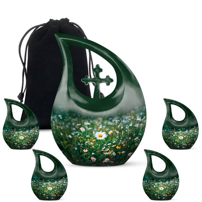Forest Green Daisy Cremation Urn urn with complimentary velvet bag - devotional cross-drop daisy engraving - memorial set with one large and four small urns
