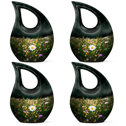 Sage Green Daisy Cremation Urn lifestyle display on memorial shelf - cross and daisy combined in spiritual memorial design - 10 inch aluminum urn for cremated remains