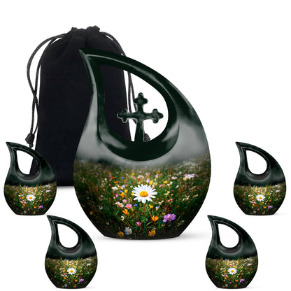 Moss Green Daisy Cremation Urn urn with complimentary velvet bag - cross and daisy combined in spiritual memorial design - memorial set with one large and four small urns