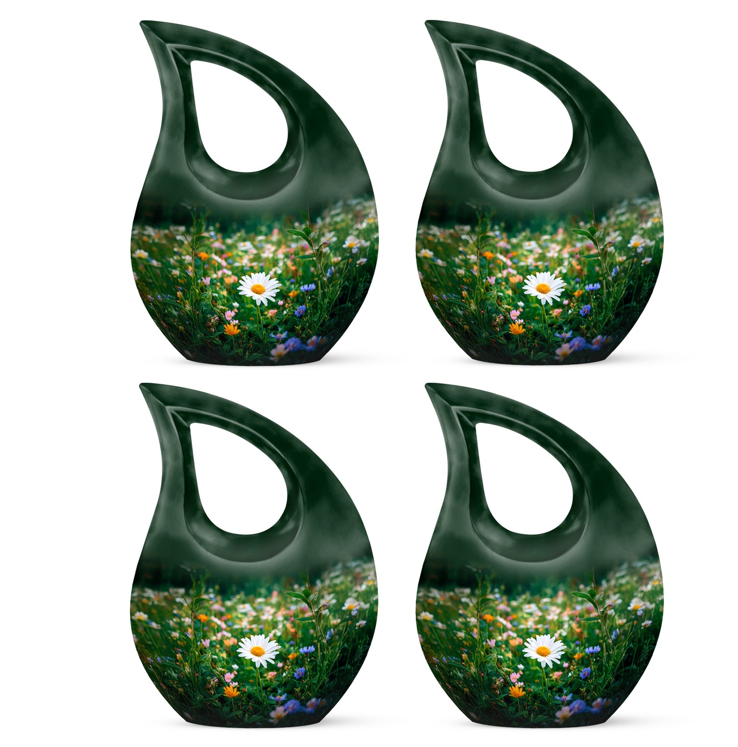Verdant Green Daisy Cremation Urn lifestyle display on memorial shelf - sacred cross merged with daisy motif on metal - 10 inch aluminum urn for cremated remains