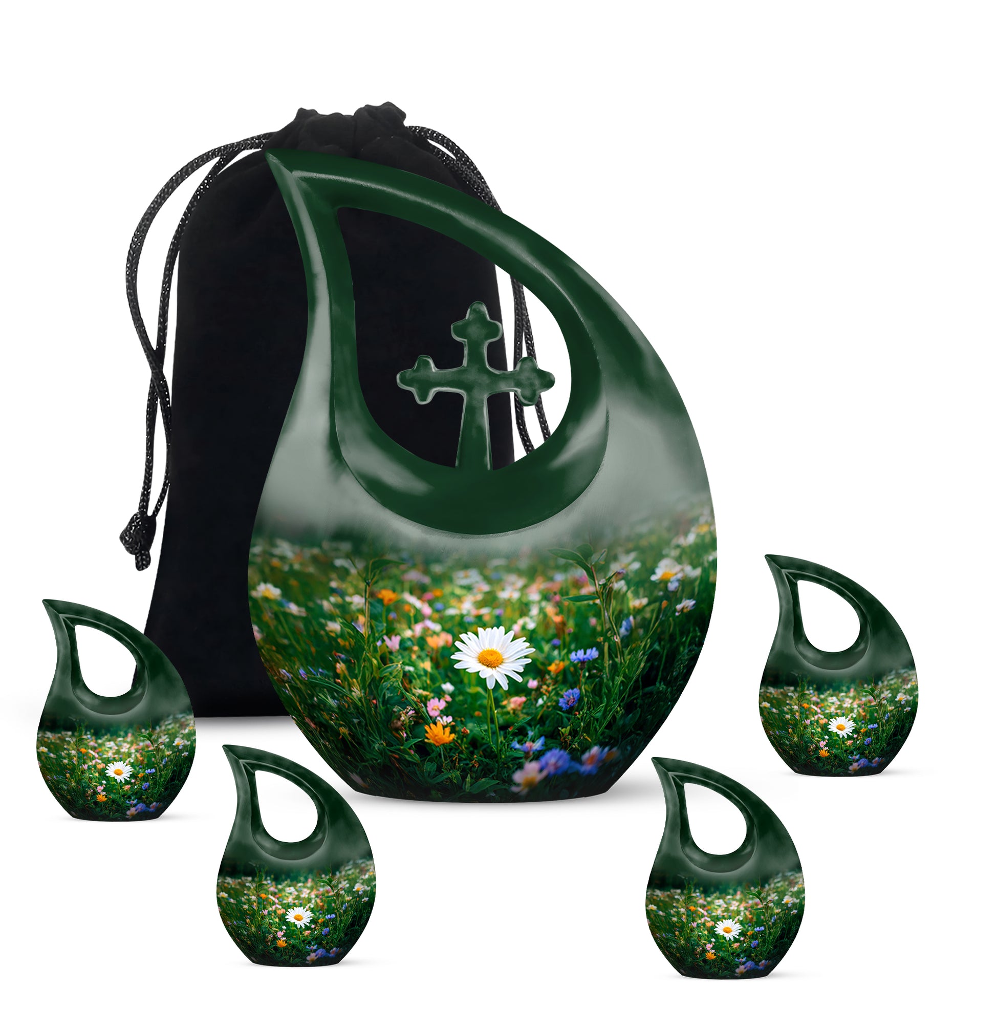Jade Green Daisy Cremation Urn urn with complimentary velvet bag - sacred cross merged with daisy motif on metal - memorial set with one large and four small urns