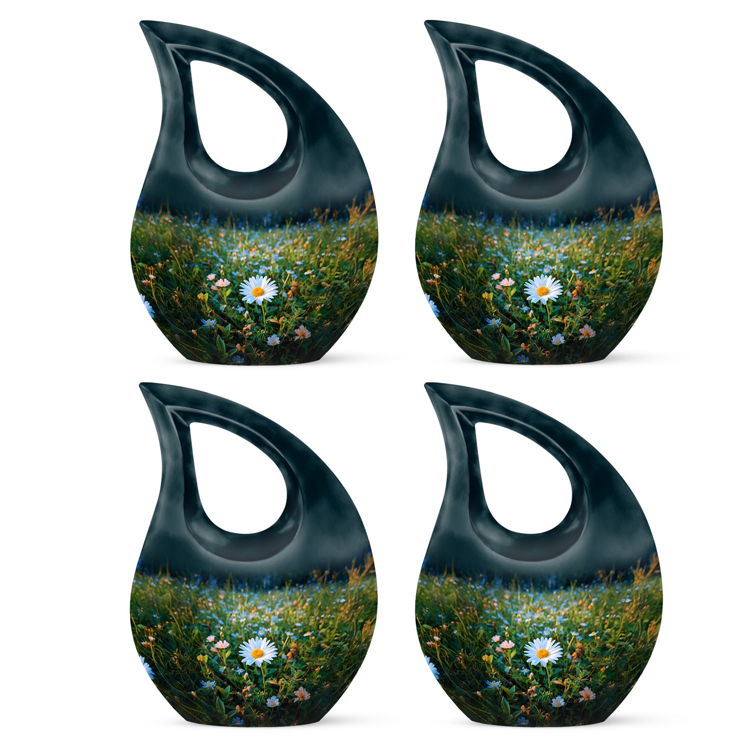 Ocean Teal Daisy Cremation Urn lifestyle display on memorial shelf - cross and daisy combined in spiritual memorial design - 10 inch aluminum urn for cremated remains