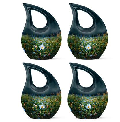Ocean Teal Daisy Cremation Urn lifestyle display on memorial shelf - cross and daisy combined in spiritual memorial design - 10 inch aluminum urn for cremated remains
