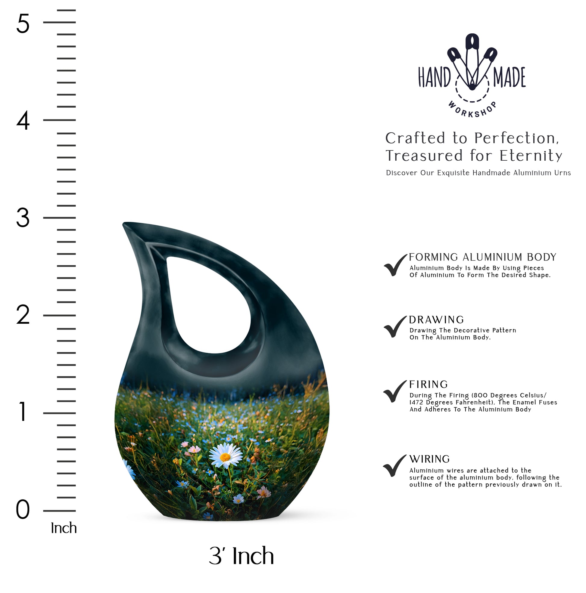 Sea Green Teal Daisy Cremation Urn back view with polished surface - sacred cross merged with daisy motif on metal - mini keepsake memorial for portion of cremation ashes