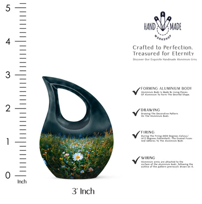 Sea Green Teal Daisy Cremation Urn back view with polished surface - sacred cross merged with daisy motif on metal - mini keepsake memorial for portion of cremation ashes