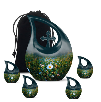 Vivid Teal Daisy Cremation Urn urn with complimentary velvet bag - devotional cross-drop daisy engraving - memorial set with one large and four small urns
