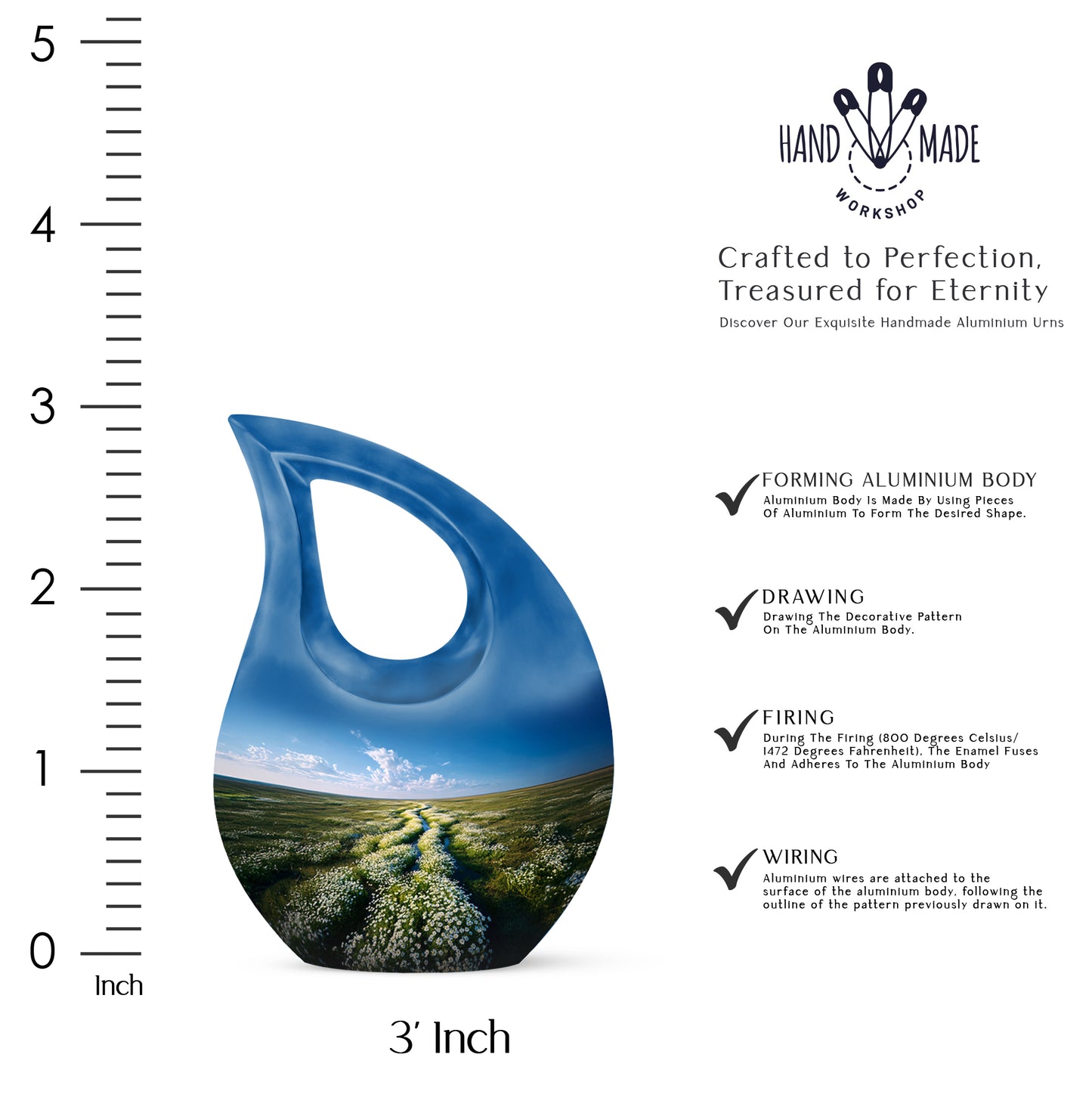 Cornflower Blue Daisy Cremation Urn back view with polished surface - faith-inspired cross-drop urn with daisy pattern - mini keepsake memorial for portion of cremation ashes