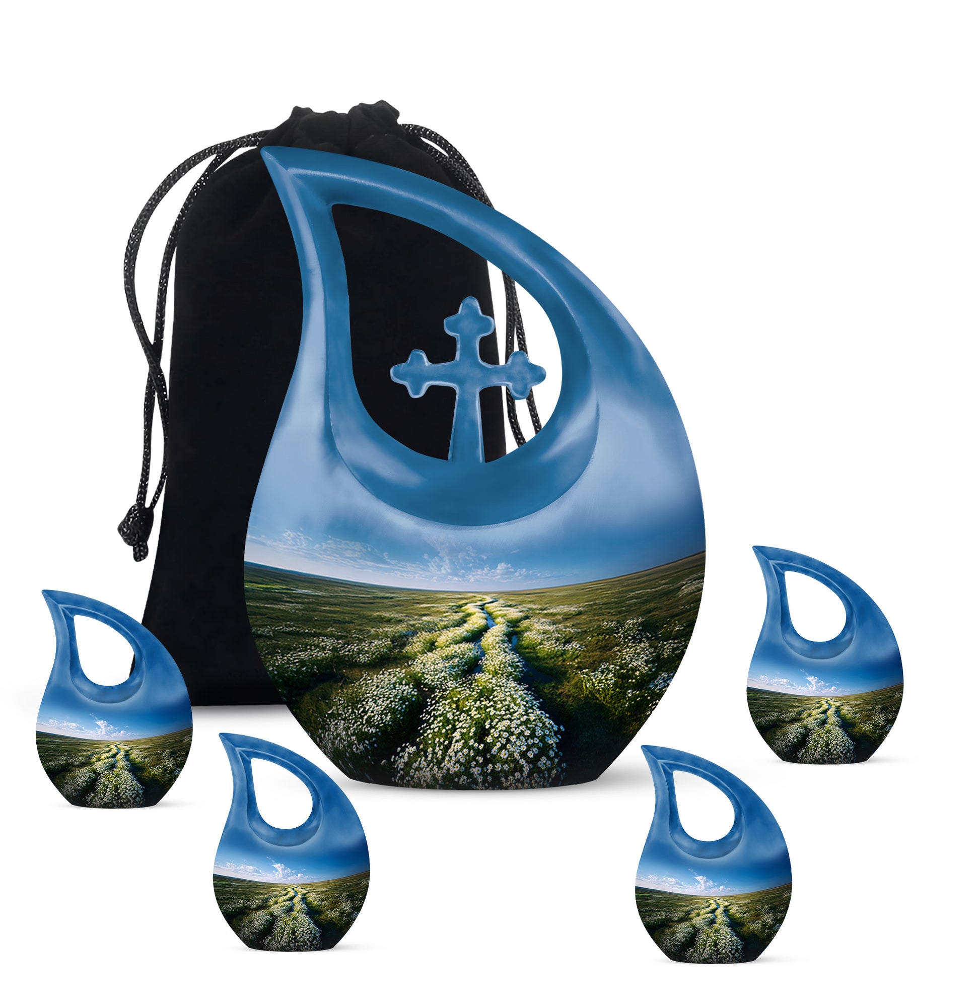 Sapphire Blue Daisy Cremation Urn urn with complimentary velvet bag - devotional cross-drop daisy engraving - memorial set with one large and four small urns