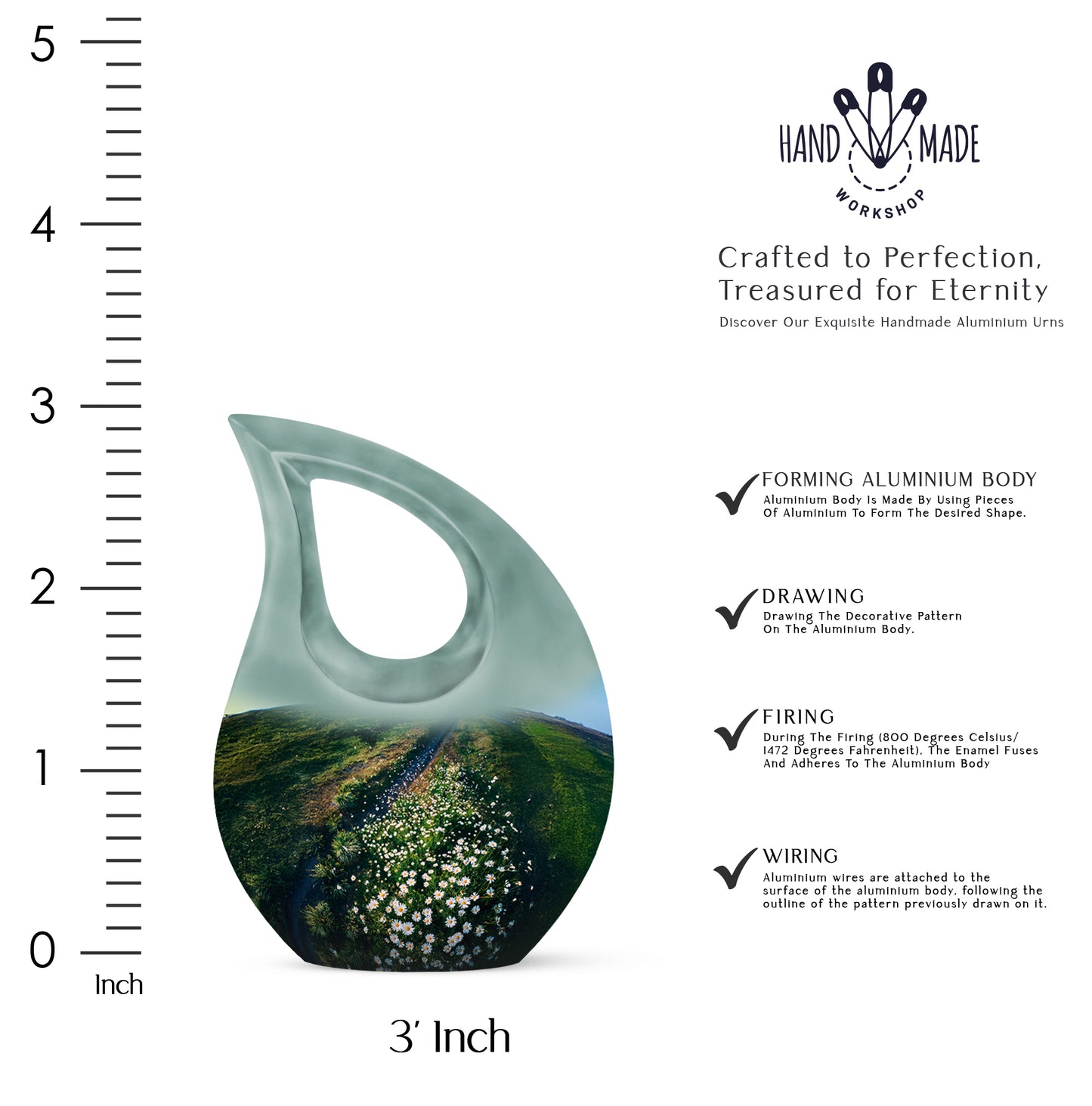 Mint Green Daisy Cremation Urn back view with polished surface - devotional cross-drop daisy engraving - mini keepsake memorial for portion of cremation ashes