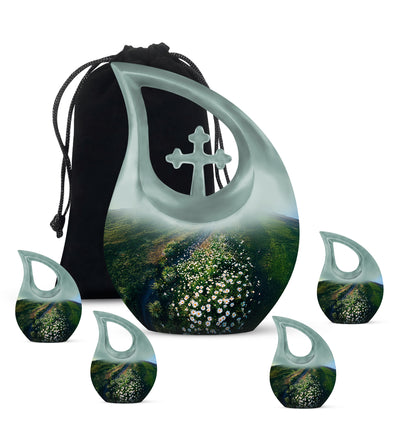 Forest Green Daisy Cremation Urn urn with complimentary velvet bag - devotional cross-drop daisy engraving - memorial set with one large and four small urns