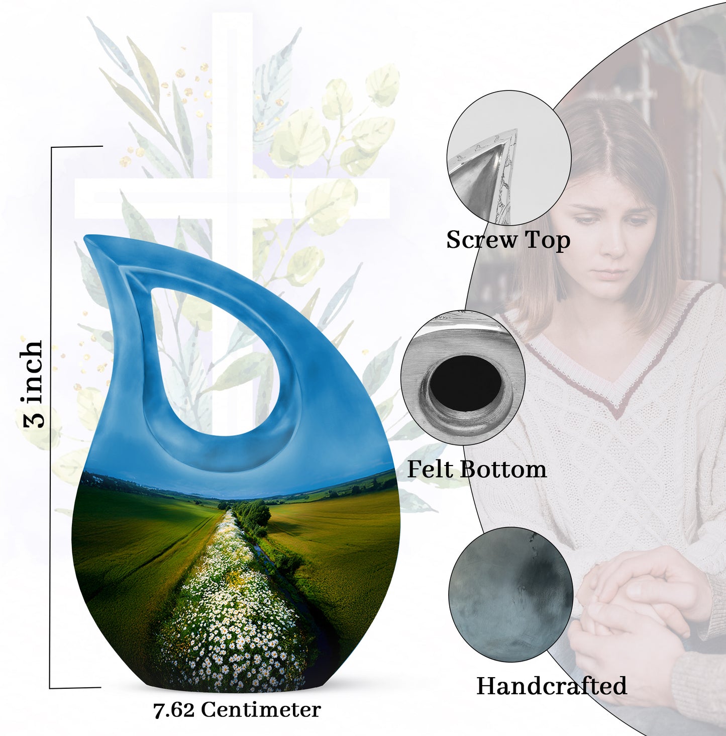 Navy Blue Daisy Cremation Urn back view with polished surface - sacred cross merged with daisy motif on metal - mini keepsake memorial for portion of cremation ashes