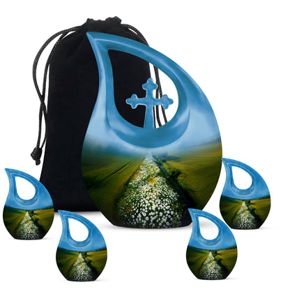 Powder Blue Daisy Cremation Urn urn with complimentary velvet bag - sacred cross merged with daisy motif on metal - memorial set with one large and four small urns