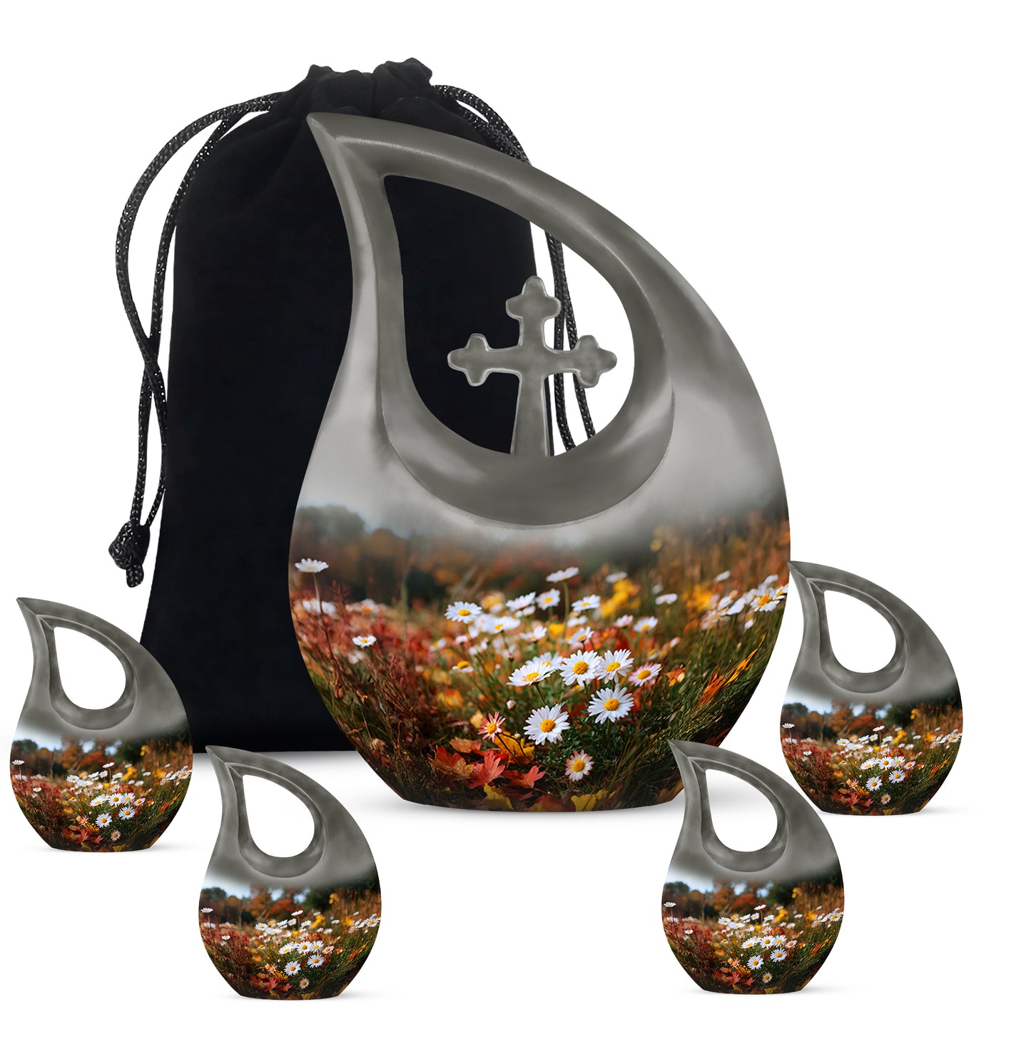 Harvest Gold Daisy Cremation Urn urn with complimentary velvet bag - faith-inspired cross-drop urn with daisy pattern - memorial set with one large and four small urns