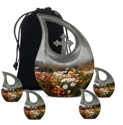 Harvest Gold Daisy Cremation Urn urn with complimentary velvet bag - faith-inspired cross-drop urn with daisy pattern - memorial set with one large and four small urns