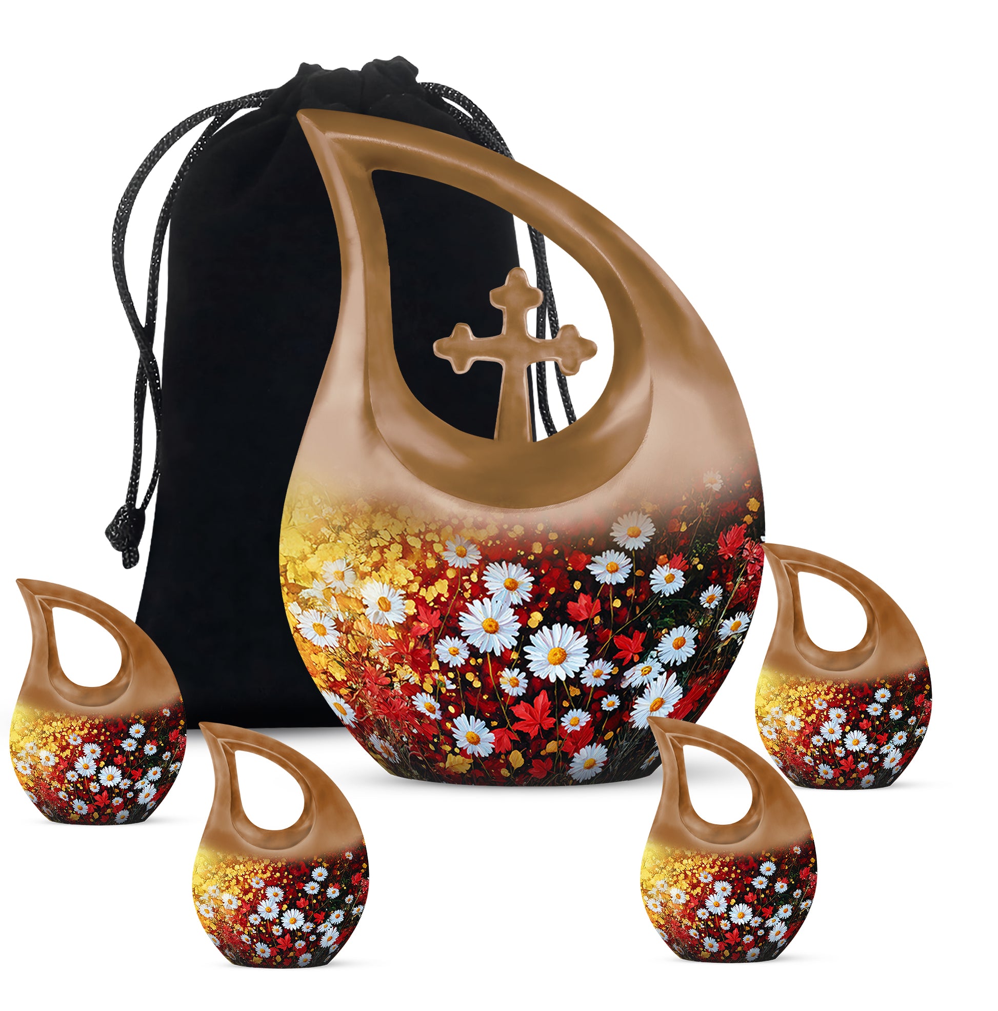 Gilded Gold Daisy Cremation Urn urn with complimentary velvet bag - sacred cross merged with daisy motif on metal - memorial set with one large and four small urns