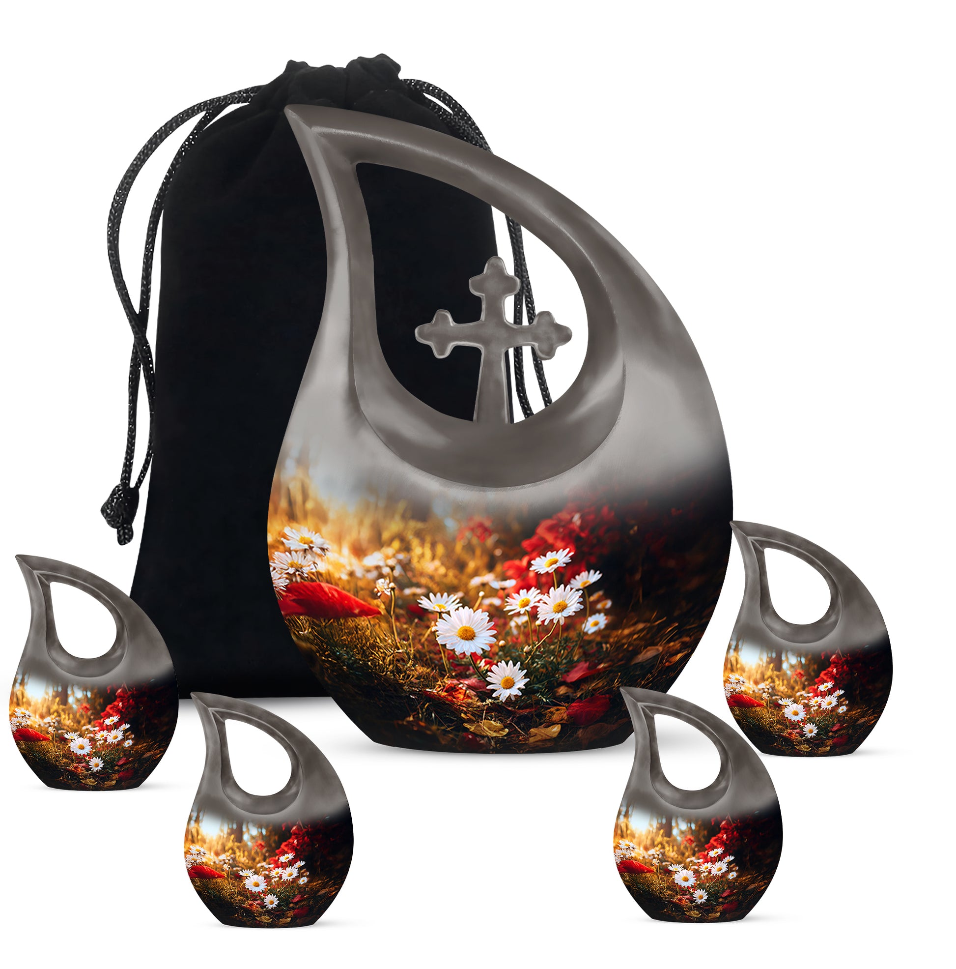 Warm Gold Daisy Cremation Urn urn with complimentary velvet bag - devotional cross-drop daisy engraving - memorial set with one large and four small urns