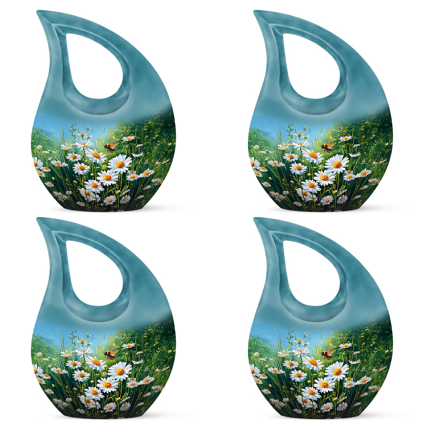 Soft Teal Daisy Cremation Urn lifestyle display on memorial shelf - cross and daisy combined in spiritual memorial design - 10 inch aluminum urn for cremated remains