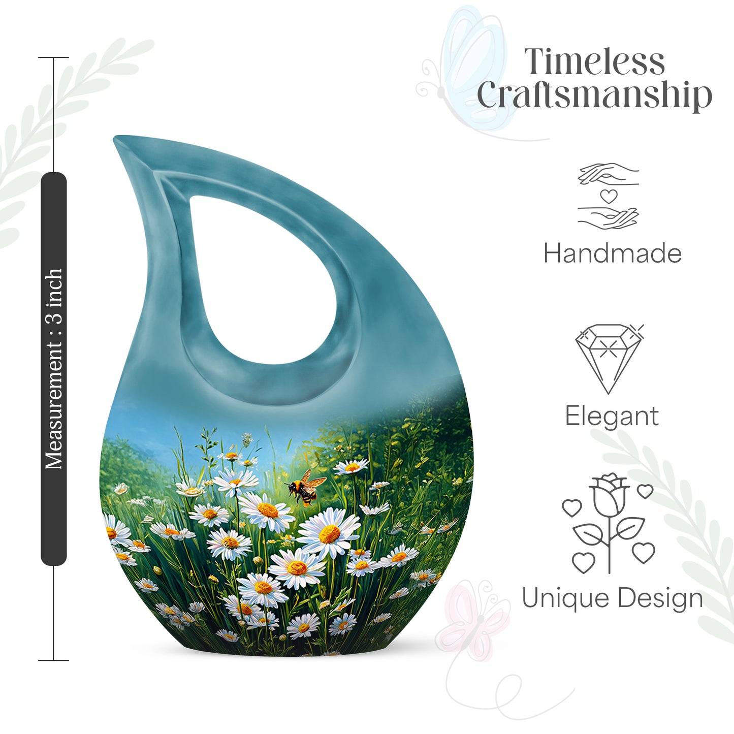 Soft Teal Daisy Cremation Urn back view with polished surface - cross and daisy combined in spiritual memorial design - mini keepsake memorial for portion of cremation ashes
