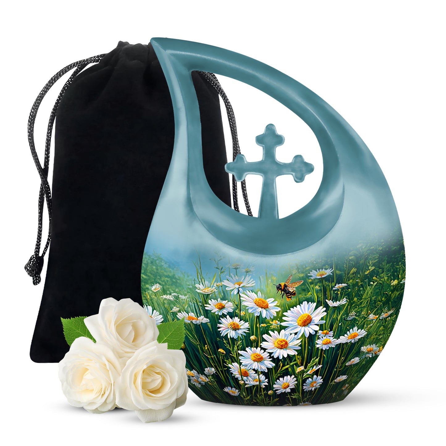 Soft Teal Daisy Cremation Urn top-down view of secure threaded lid - cross and daisy combined in spiritual memorial design - full-size 10 inch 200 cubic inch adult cremation urn