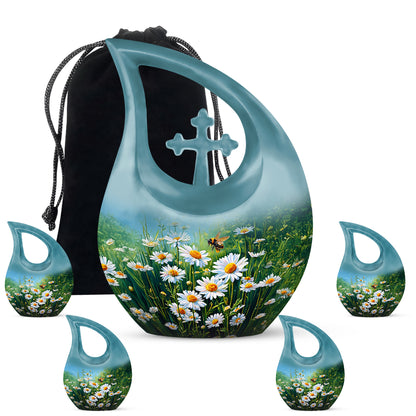 Soft Teal Daisy Cremation Urn urn with complimentary velvet bag - cross and daisy combined in spiritual memorial design - memorial set with one large and four small urns