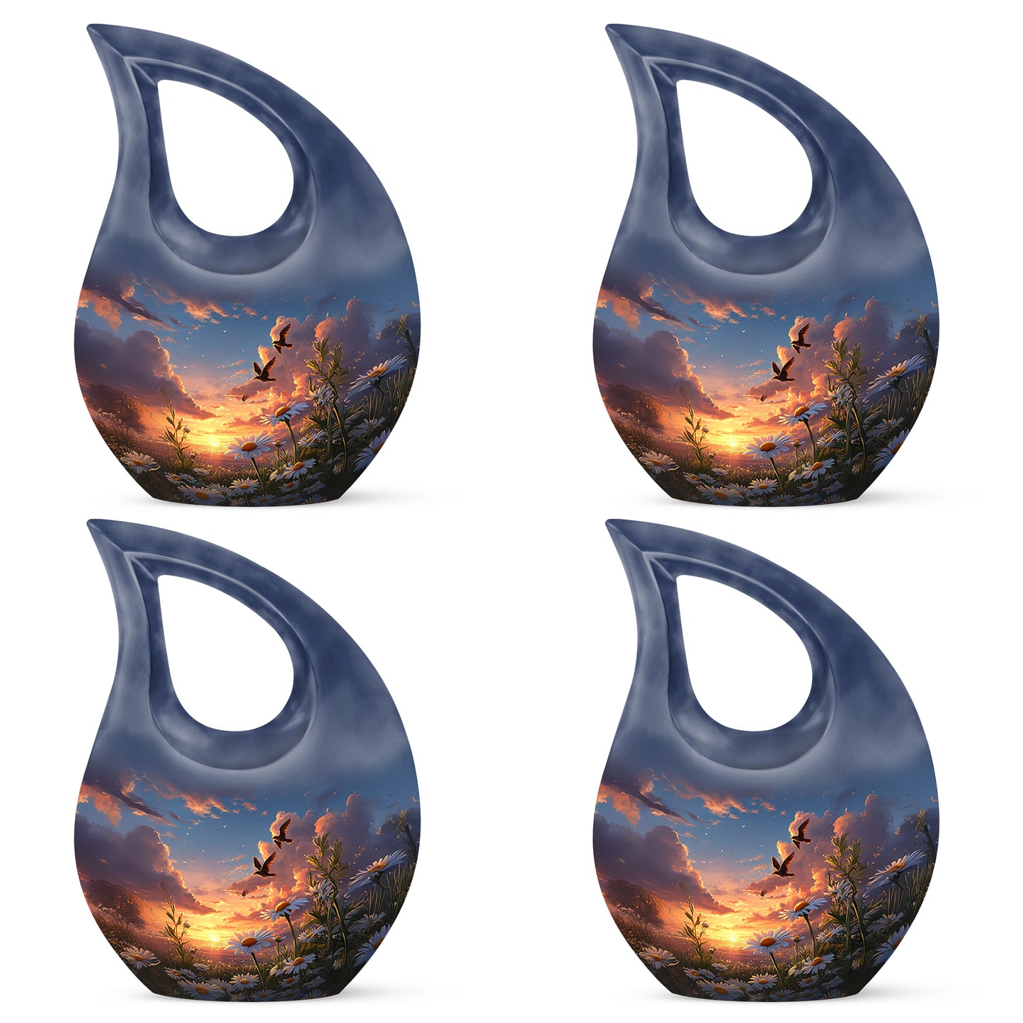Indigo Daisy Cremation Urn lifestyle display on memorial shelf - cross and daisy combined in spiritual memorial design - 10 inch aluminum urn for cremated remains