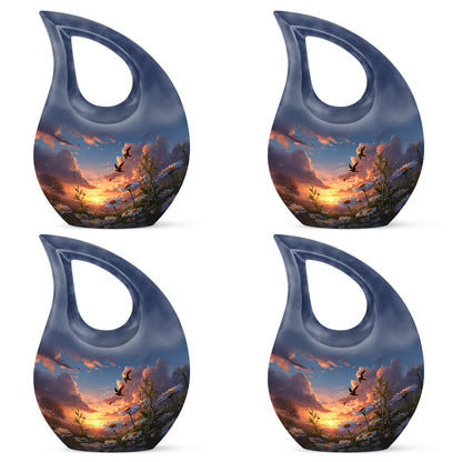 Indigo Daisy Cremation Urn lifestyle display on memorial shelf - cross and daisy combined in spiritual memorial design - 10 inch aluminum urn for cremated remains