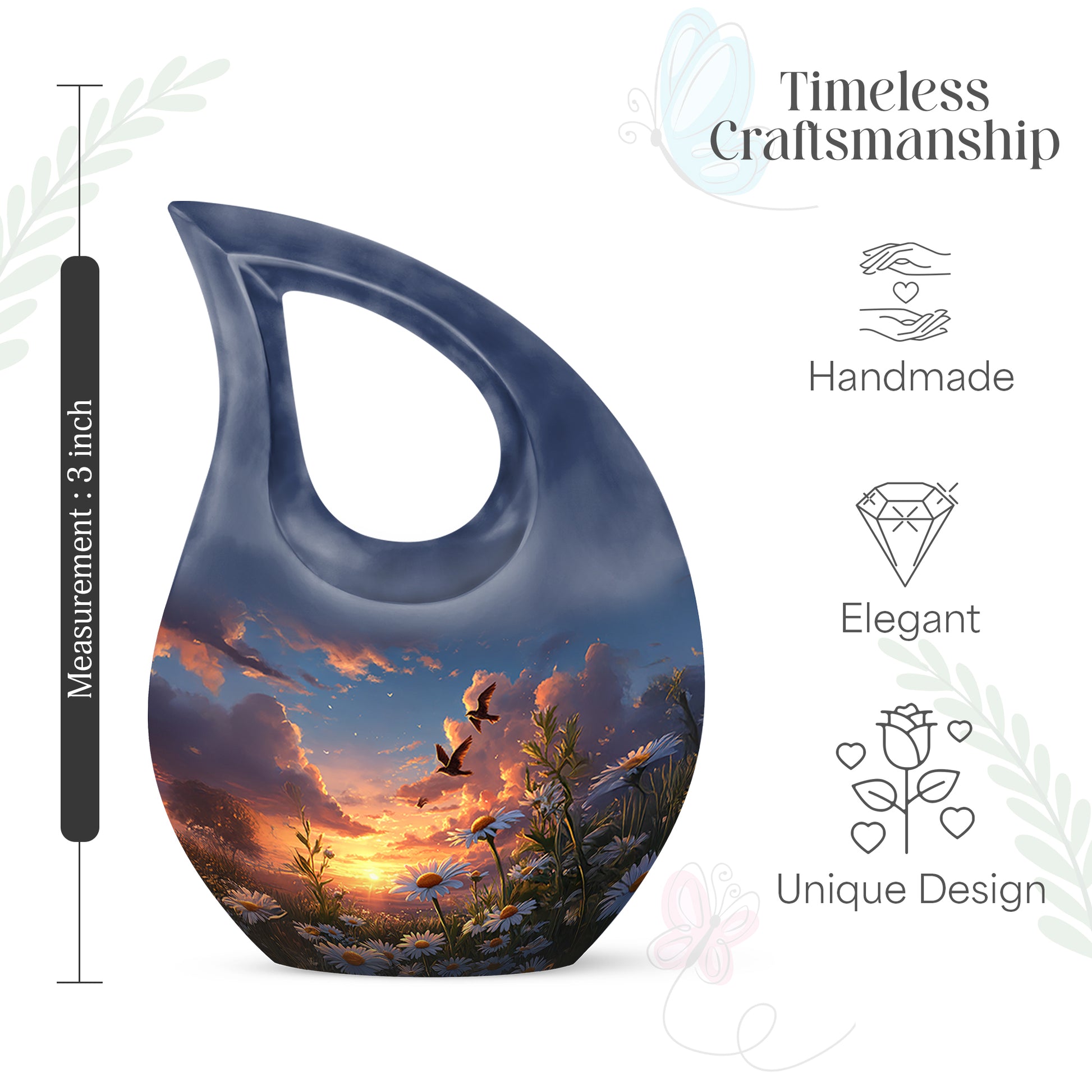 Vivid Blue Daisy Cremation Urn back view with polished surface - devotional cross-drop daisy engraving - mini keepsake memorial for portion of cremation ashes