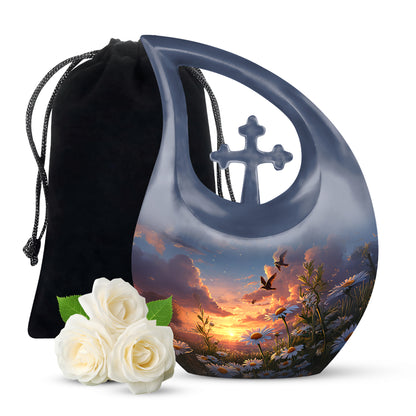 Dusty Blue Daisy Cremation Urn top-down view of secure threaded lid - sacred cross merged with daisy motif on metal - full-size 10 inch 200 cubic inch adult cremation urn