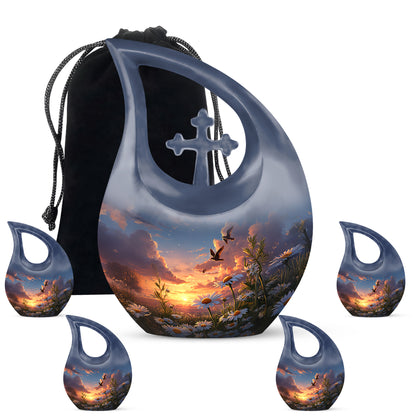 Sapphire Blue Daisy Cremation Urn urn with complimentary velvet bag - faith-inspired cross-drop urn with daisy pattern - memorial set with one large and four small urns