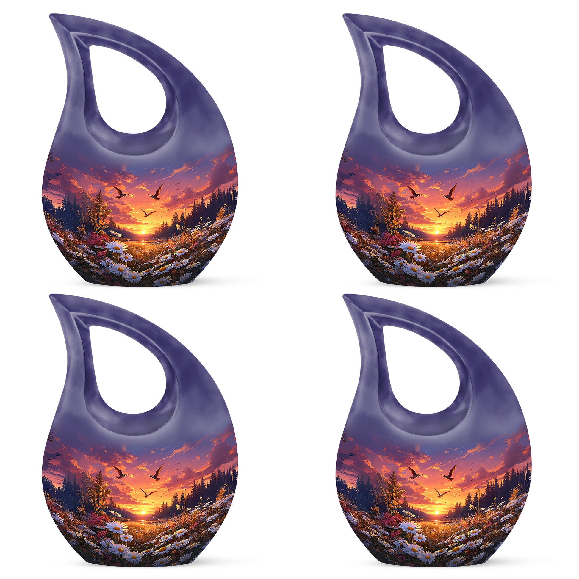 Vivid Blue Daisy Cremation Urn lifestyle display on memorial shelf - faith-inspired cross-drop urn with daisy pattern - 10 inch aluminum urn for cremated remains