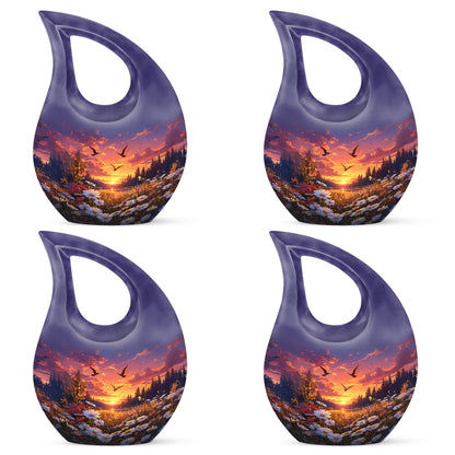 Vivid Blue Daisy Cremation Urn lifestyle display on memorial shelf - faith-inspired cross-drop urn with daisy pattern - 10 inch aluminum urn for cremated remains