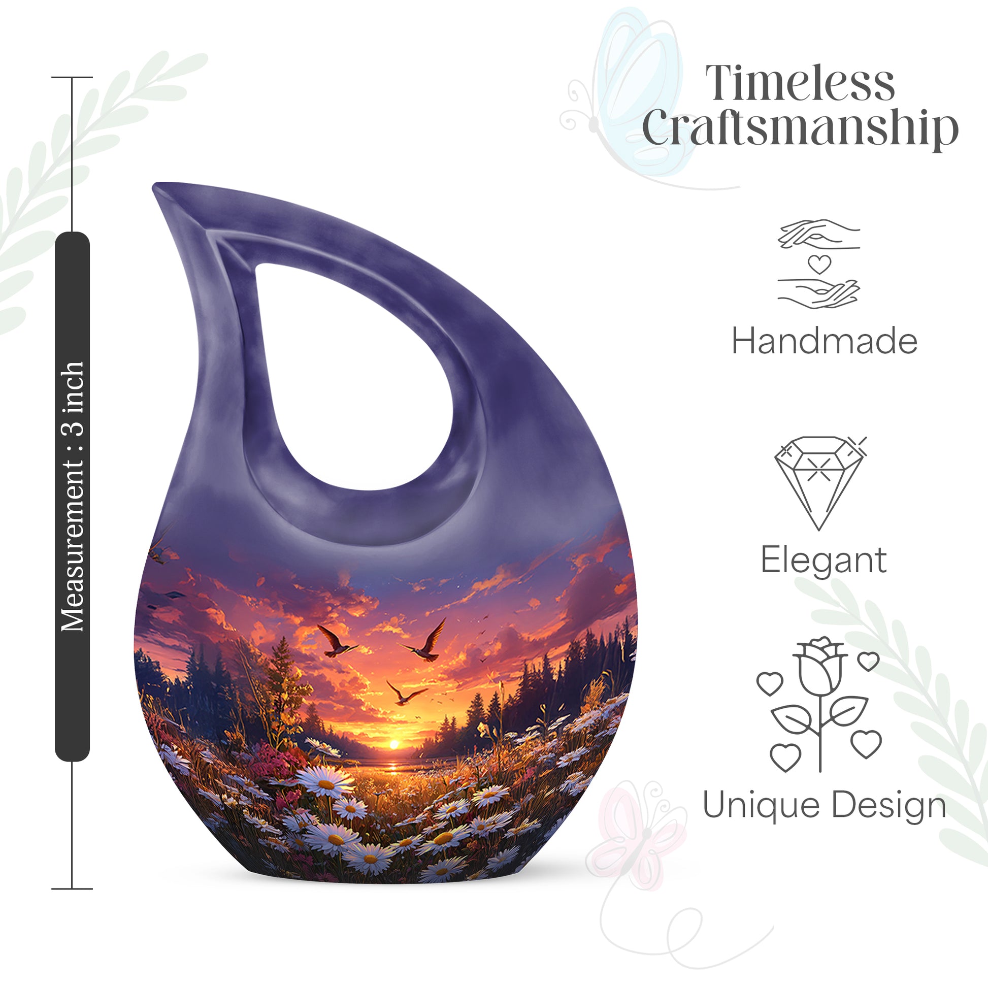 Icy Blue Daisy Cremation Urn back view with polished surface - cross and daisy combined in spiritual memorial design - mini keepsake memorial for portion of cremation ashes