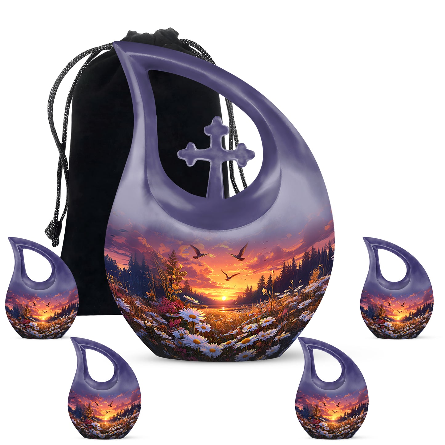 Sapphire Blue Daisy Cremation Urn urn with complimentary velvet bag - devotional cross-drop daisy engraving - memorial set with one large and four small urns
