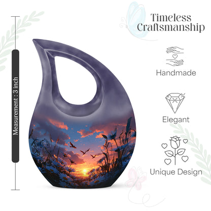 Serene Blue Daisy Cremation Urn back view with polished surface - devotional cross-drop daisy engraving - mini keepsake memorial for portion of cremation ashes