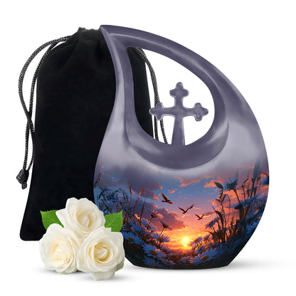 Slate Blue Daisy Cremation Urn top-down view of secure threaded lid - sacred cross merged with daisy motif on metal - full-size 10 inch 200 cubic inch adult cremation urn